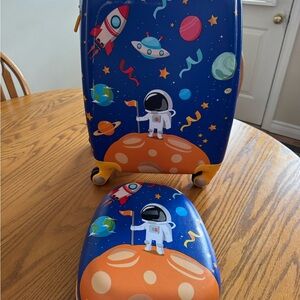 Kids Space-themed Rolling Luggage Set - Blue with Orange Accents. 2 piece set!!